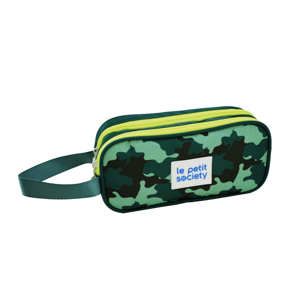 A green pencil case in camouflage print with a green handle.