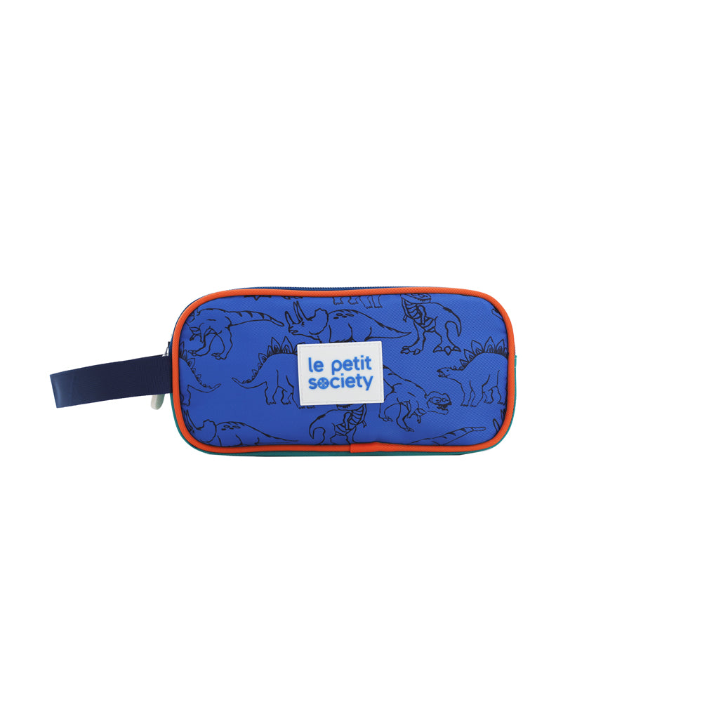 A blue and orange pencil case with a dinosaur print.
