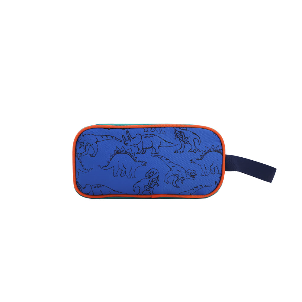The back of a blue and orange pencil case in dinosaur print.
