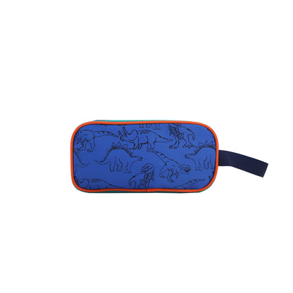 The back of a blue and orange pencil case in dinosaur print.