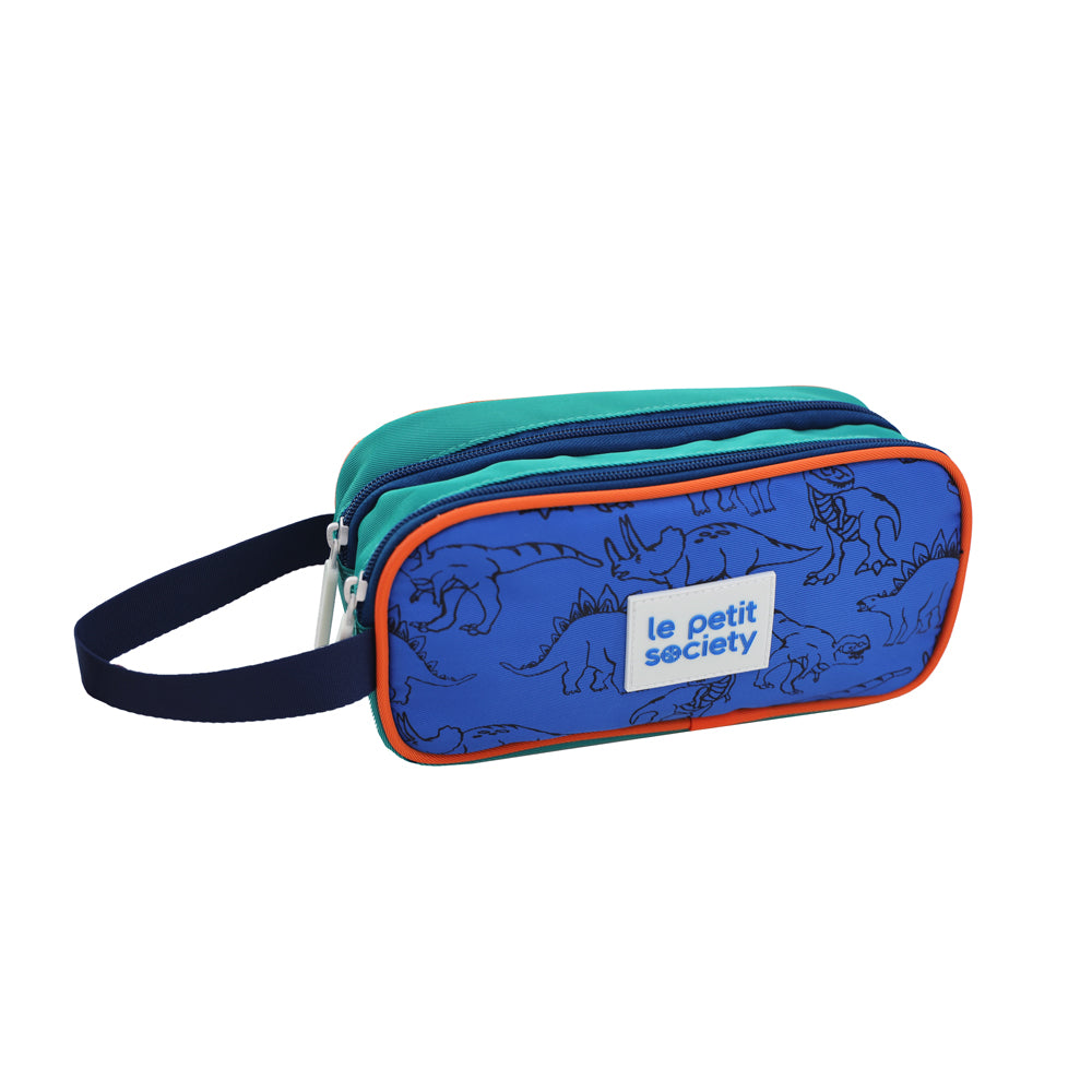 A blue and orange pencil from Le Petit Society with teal accents, double zips, a dinosaur print and a black handle.