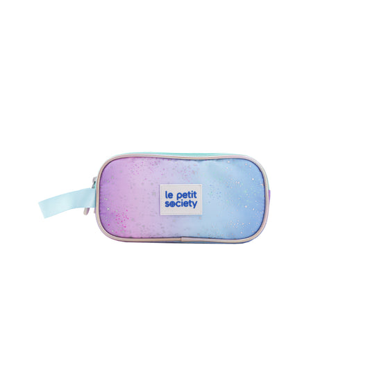 A purple and blue gradient pencil case with a galaxy print, blue handle and double zips from Le Petit Society. 
