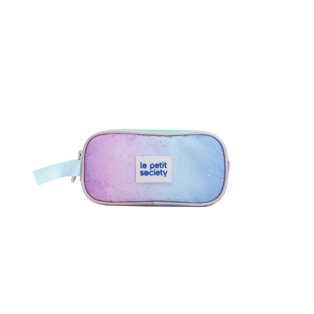 An ombre blue and purple pencil case with a galaxy print.