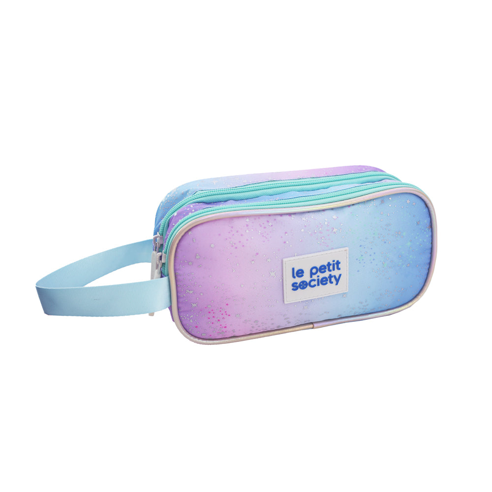A purple and blue gradient pencil case with double zips and a blue handle from Le Petit Society.