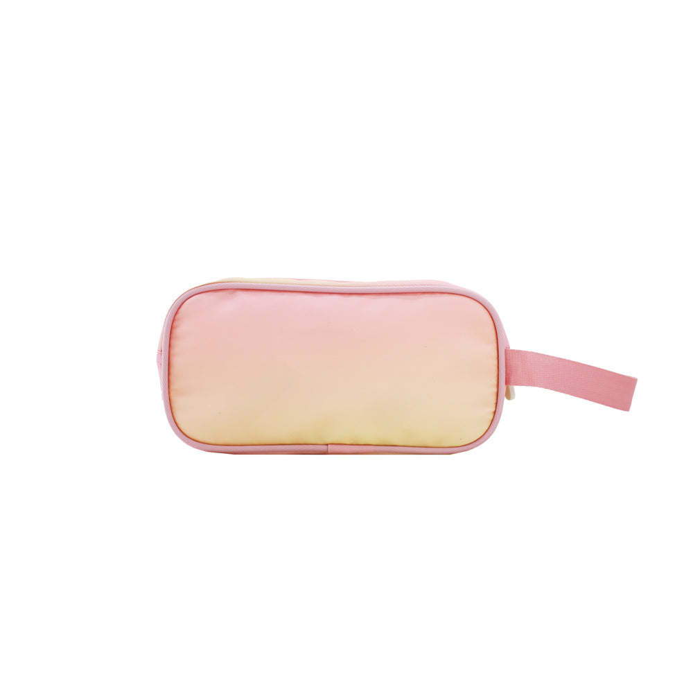 The back of a pink and yellow gradient pencil case.