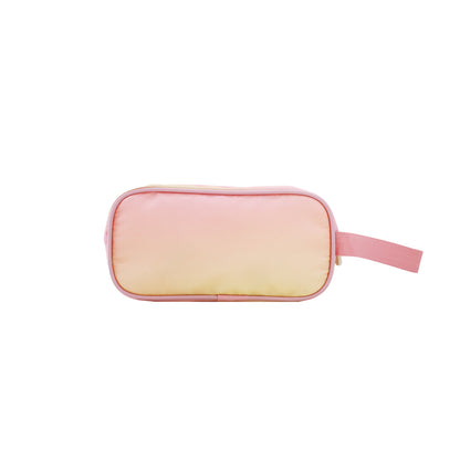 The back of a pink and yellow gradient pencil case.