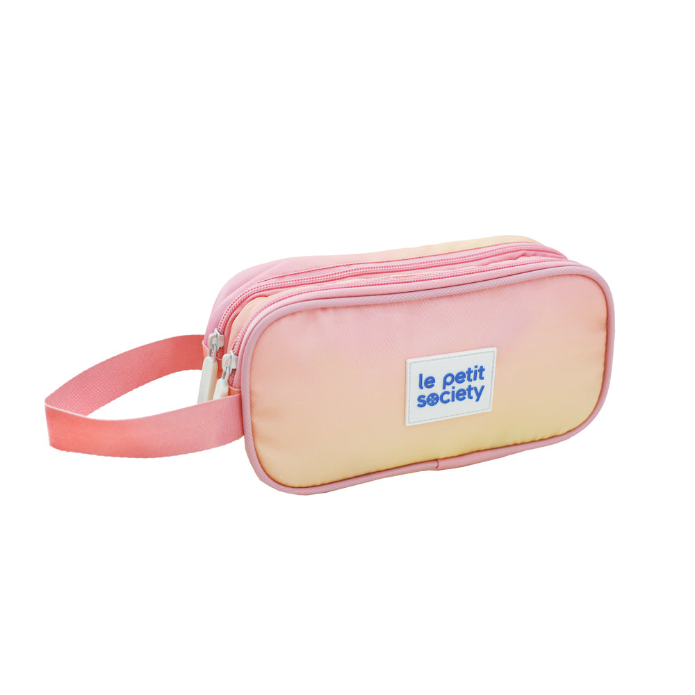 Le Petit Society's pink and yellow gradient pencil case with double zips and a pink handle.