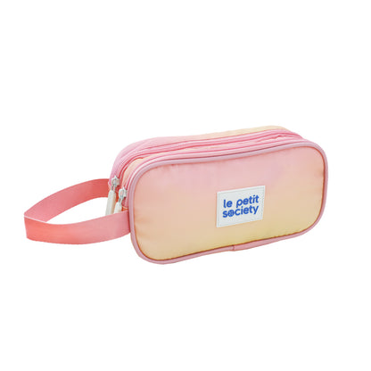 Le Petit Society's pink and yellow gradient pencil case with double zips and a pink handle.