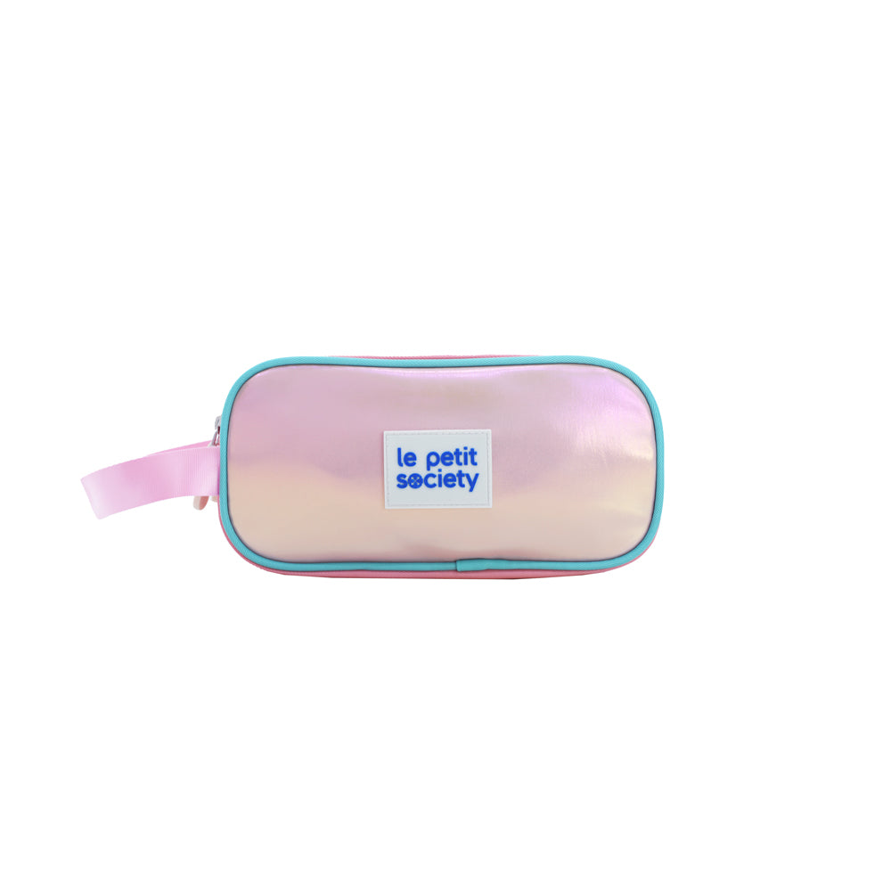 A pencil case in an iridescent pink and gold design.