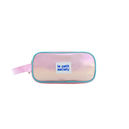 A pencil case in an iridescent pink and gold design.