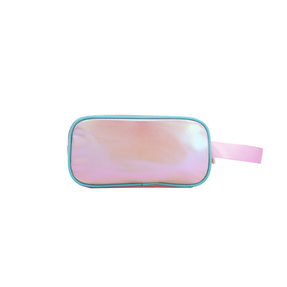 The back of an iridescent pink pencil case.
