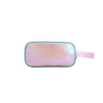 The back of an iridescent pink pencil case.