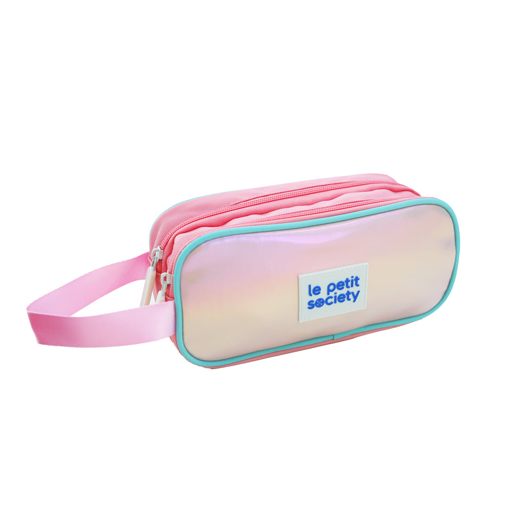 An iridescent pink pencil case with a teal accent, double zips and a pink handle from Le Petit Society.