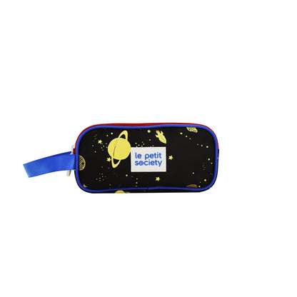 The planet print pencil case in black, blue and red.