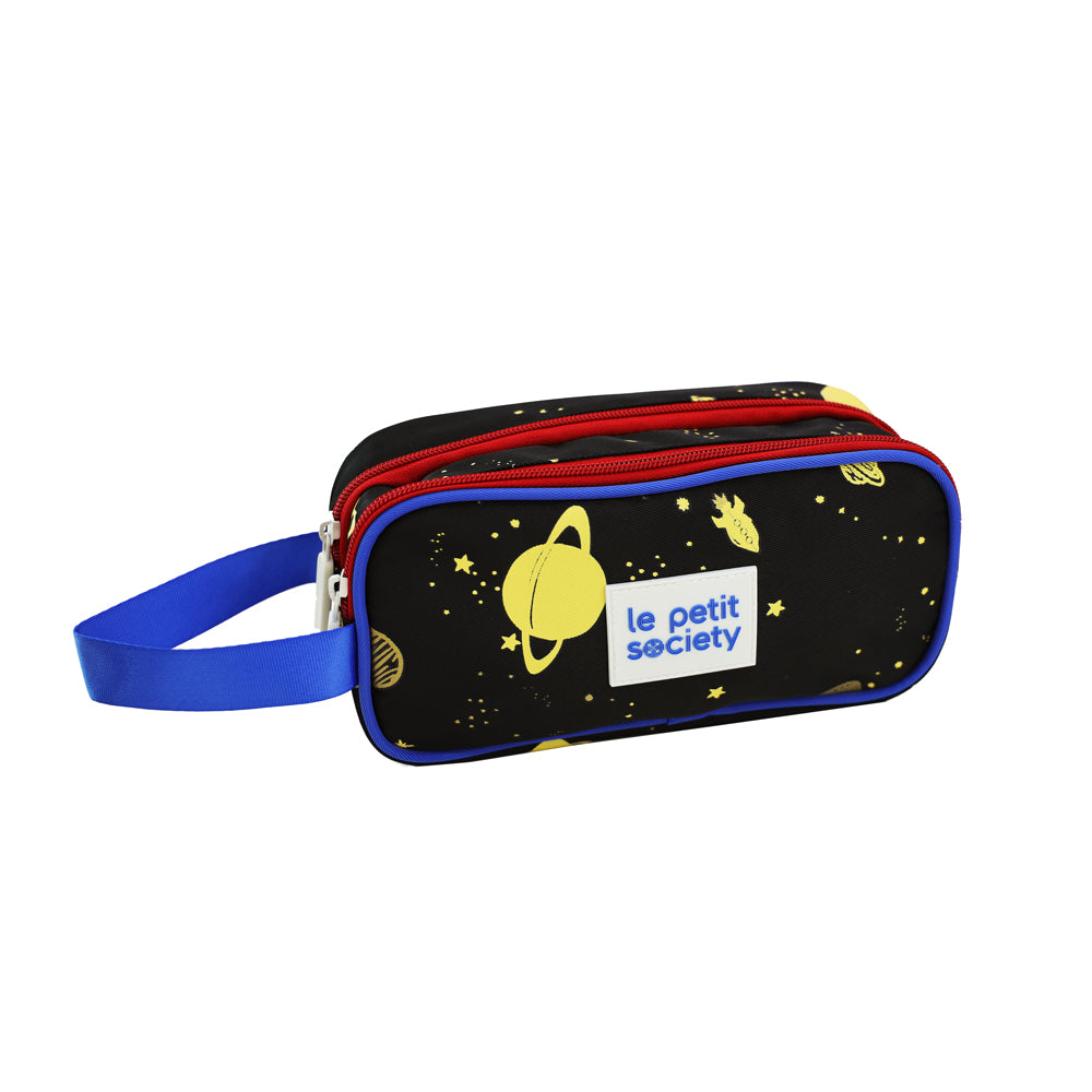 Le Petit Society's black and red pencil case with double zips, a planets print and blue handle.