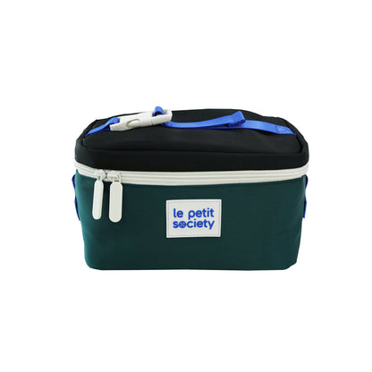 A thermal lunch bag in a black and green design.