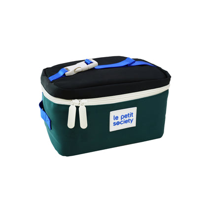 A thermal lunch bag in black and green.