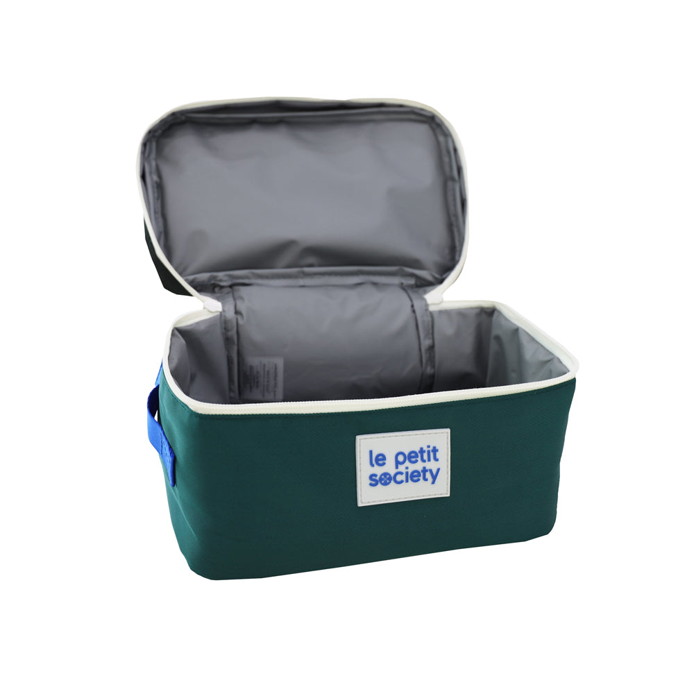 A thermal lunch bag with an interior lined with a PEVA waterproof and insulated material.