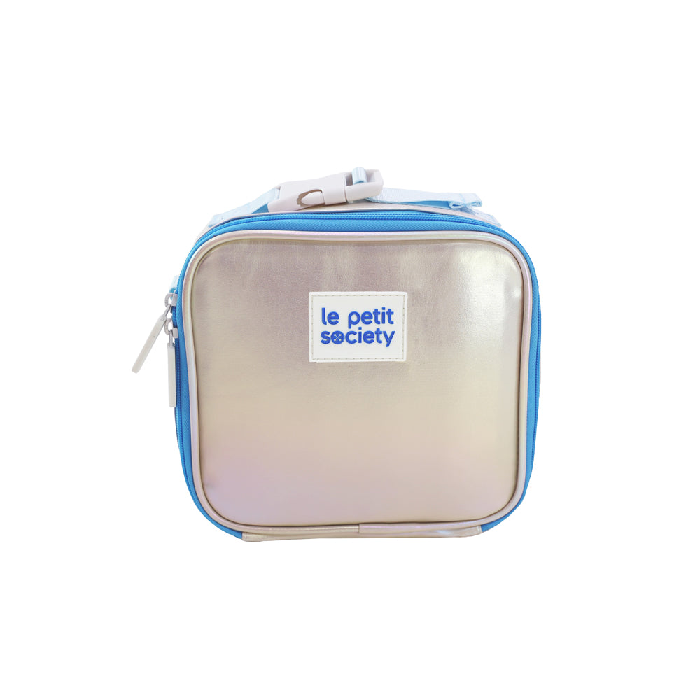 A mini lunch bag in iridescent blue and silver.