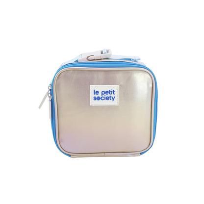 A mini lunch bag in iridescent blue and silver.