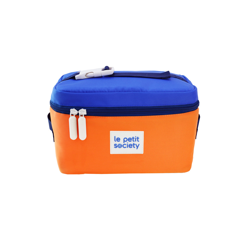 A thermal lunch bag in a colour block blue and orange design.