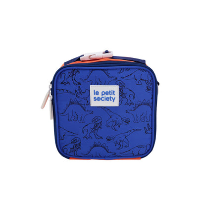 A thermal mini lunch bag in a blue and orange design with a dinosaur print.