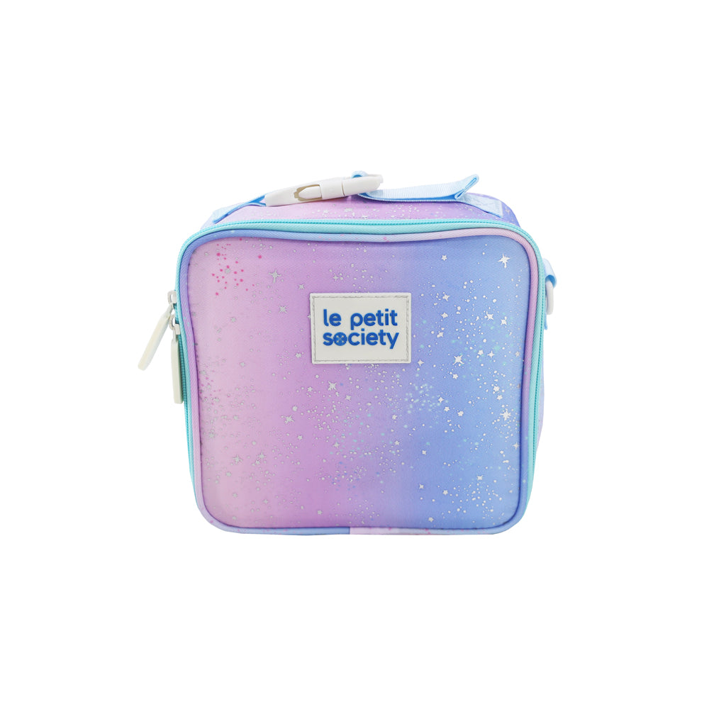 An ombre blue and purple mini lunch bag with a galaxy print.