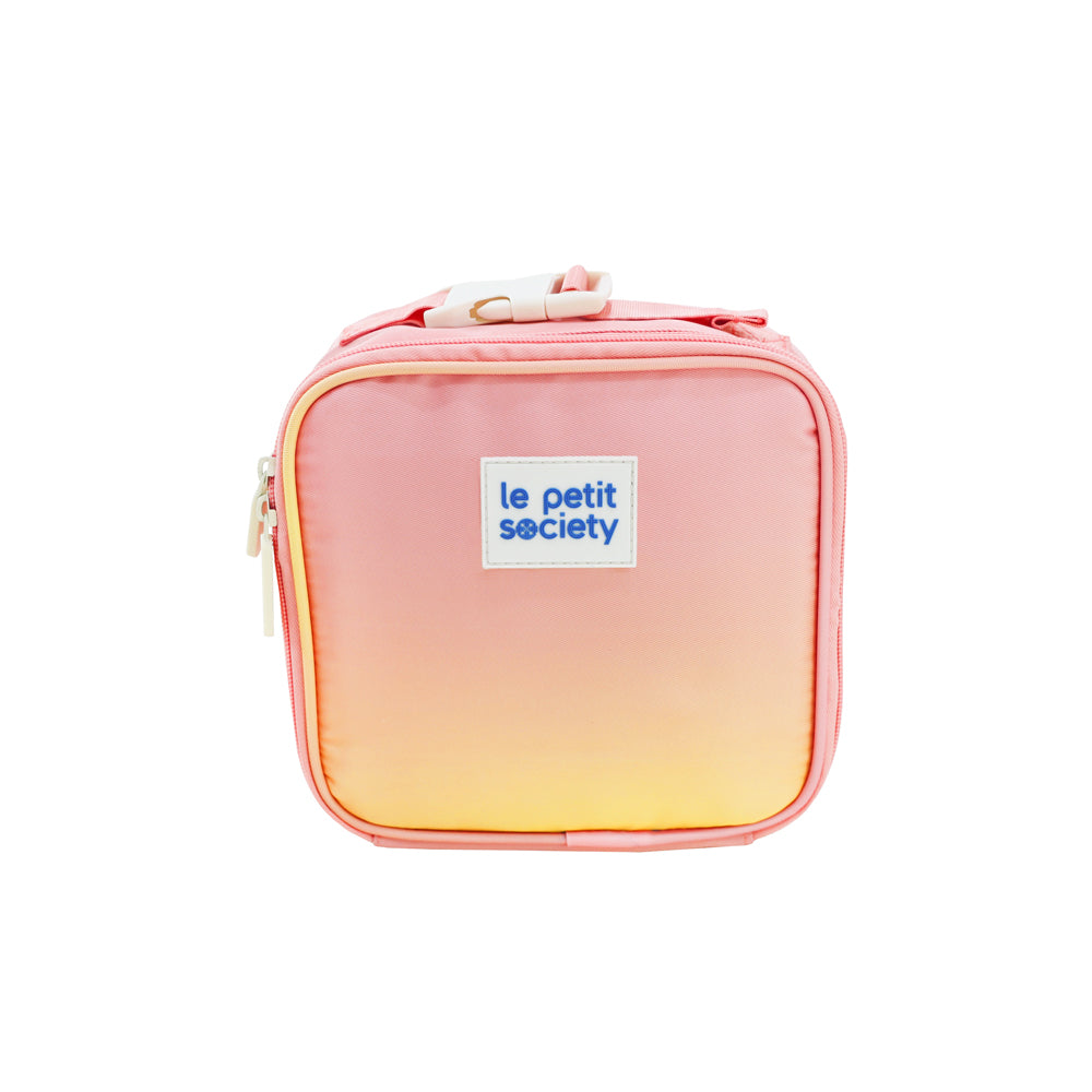 A thermal mini lunch bag in an ombre pink and yellow design.
