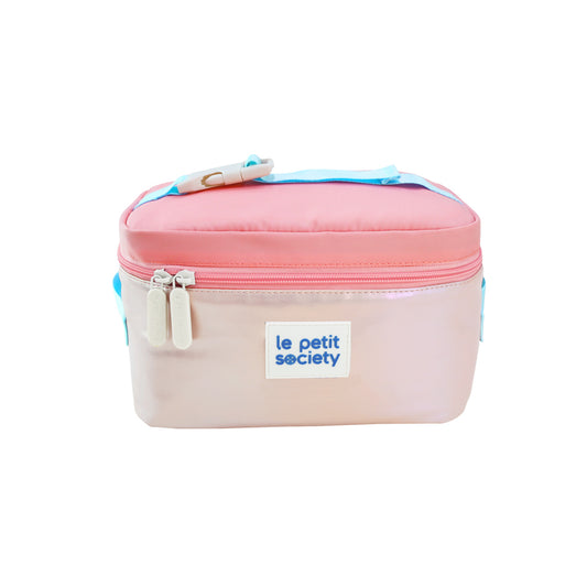 A thermal lunch bag in an iridescent pink design.