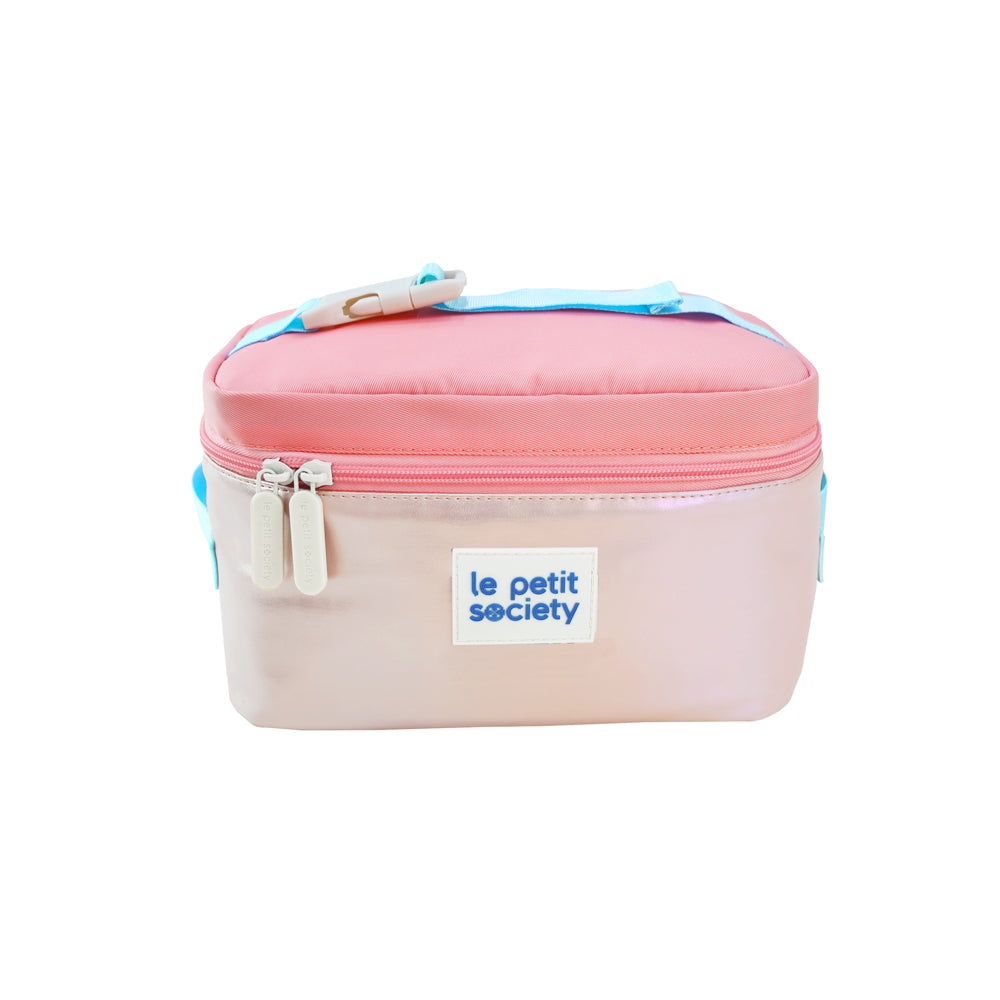 A lunch bag in an iridescent pink and gold design.