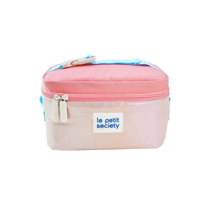 A lunch bag in an iridescent pink and gold design.