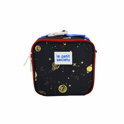 A thermal mini lunch bag in black, with a planet print and red and blue accents.