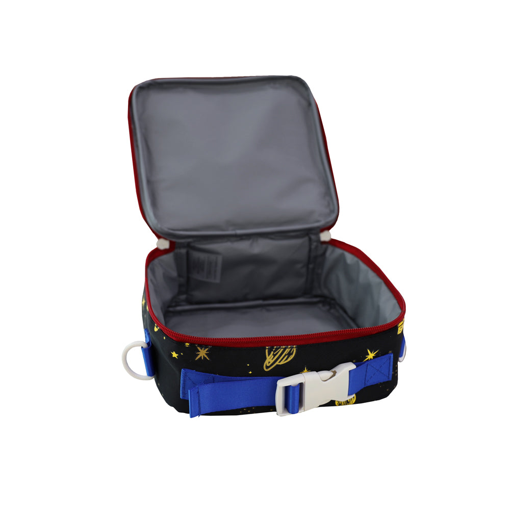 A thermal mini lunch bag with an interior lined with PEVA waterproof material.