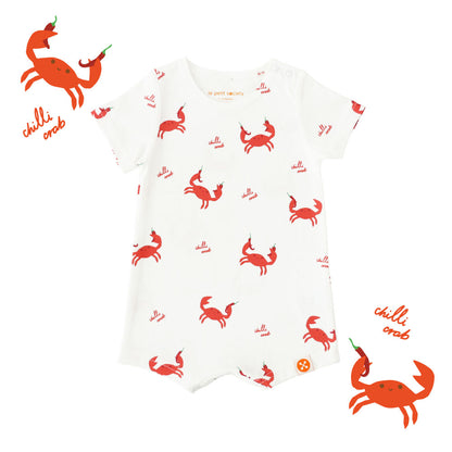 A white baby romper with a red chilli crab print from Le Petit Society.