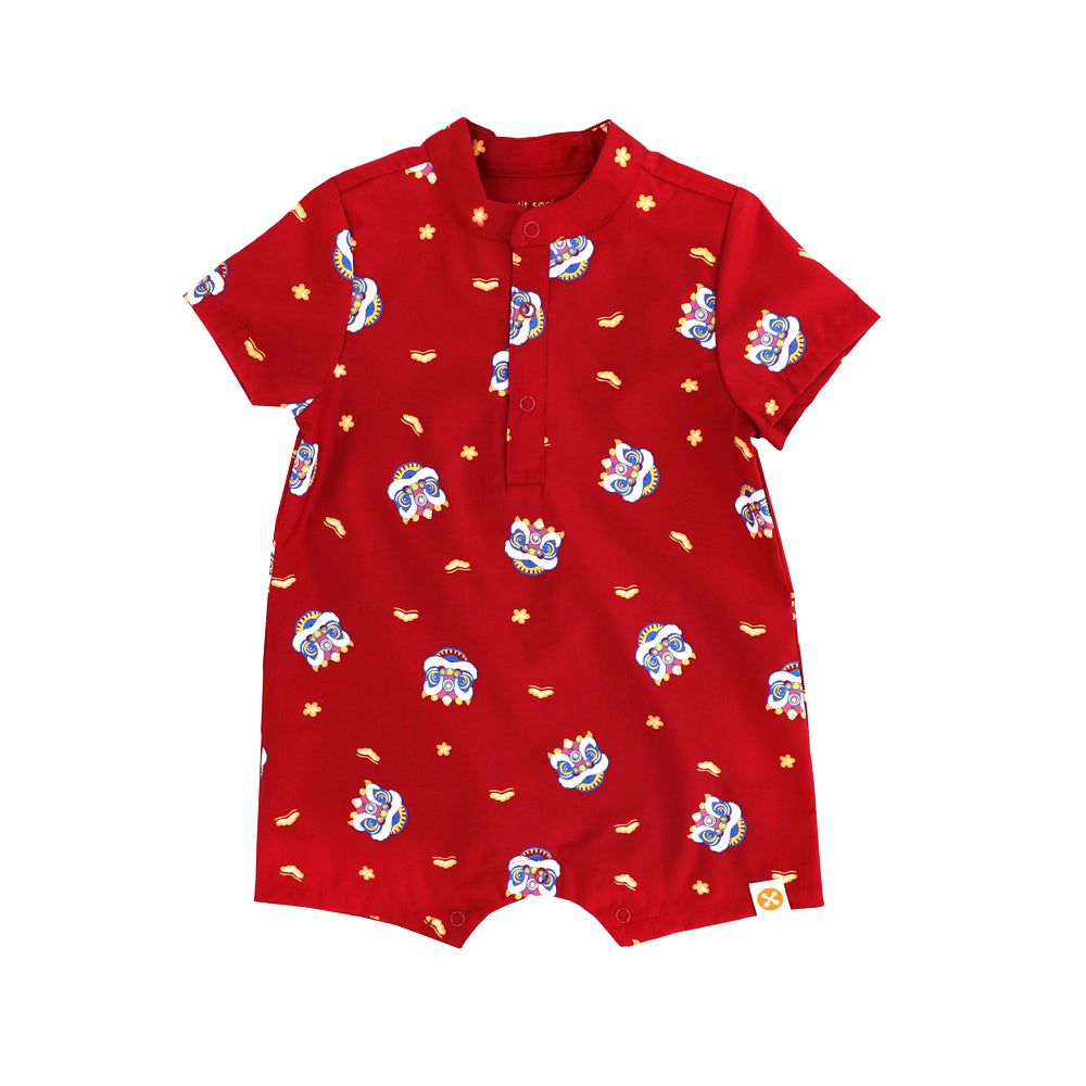 Lion Dance Series - Baby Boy Shirt Romper in Red by Le Petit Society — image 4