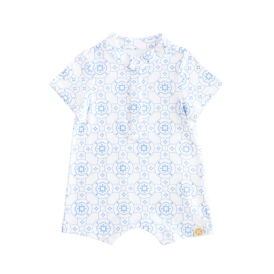 Chinese Motif Series - Baby Boy Jersey Romper in Blue Motif by Le Petit Society