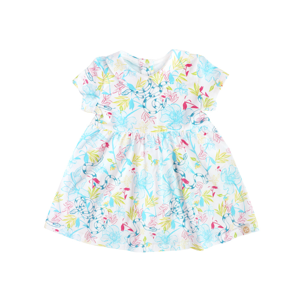 Zodiac Series - Baby Girl Jersey Dress in White Floral Snake Print by Le Petit Society — image 3