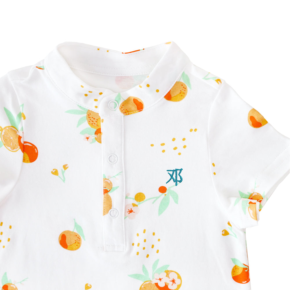 Mandarin Orange Series - Baby Boy Jersey Romper in White by Le Petit Society — image 4