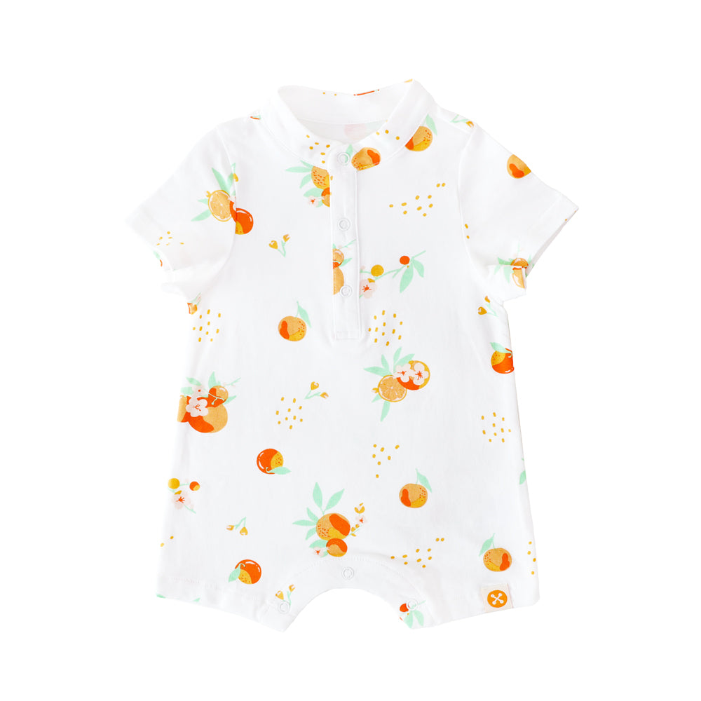 Mandarin Orange Series - Baby Boy Jersey Romper in White by Le Petit Society — image 5