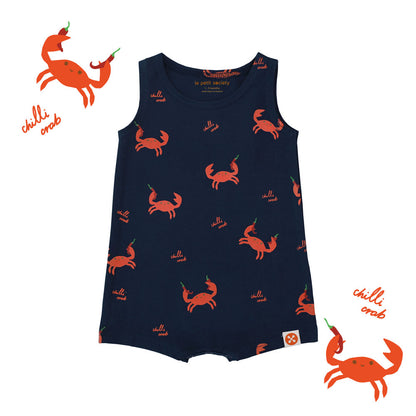A sleeveless navy blue baby romper with a red chilli crab print from Le Petit Society.