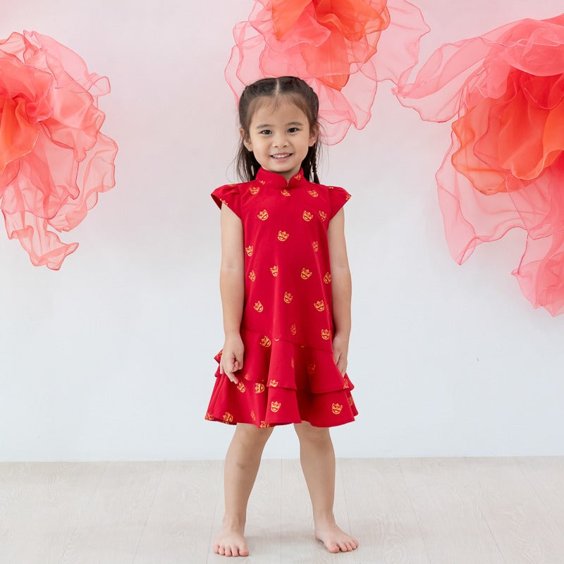 Red lion dance cheongsam for girls by Le Petit Society