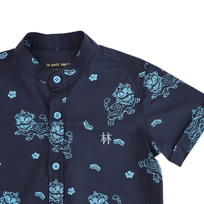 Lion Dance Series - Boys Shirt in Navy Lion Print by Le Petit Society — image 5