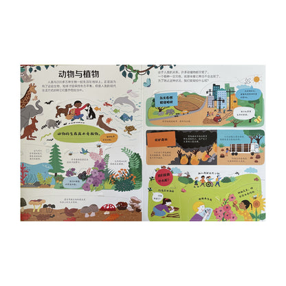 Colorful inner page from "Discovering Environmental Protection" children’s book, explaining global environmental issues with fun illustrations and flaps. Teaches kids about pollution, climate change, and sustainability in an engaging way.