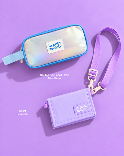 Petit Pair bundle: Double Zip Pencil Case in Mint/Silver and Wallet in Lavender