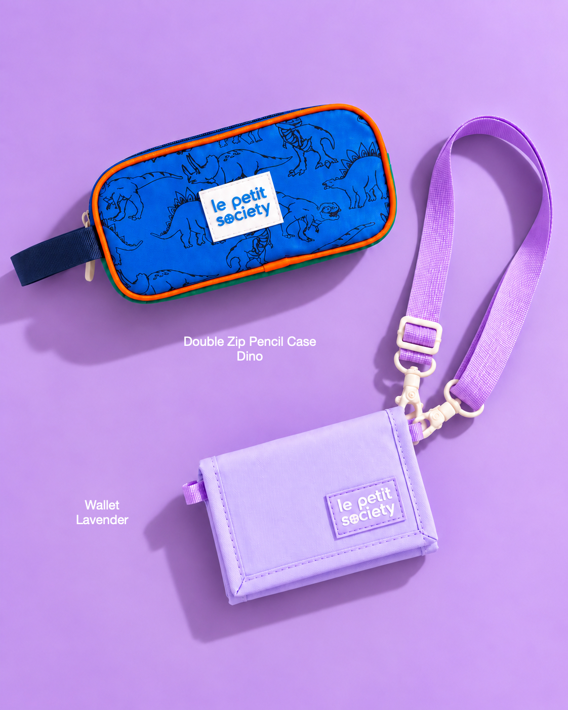 Petit Pair bundle: Double Zip Pencil Case in Dino and Wallet in Lavender