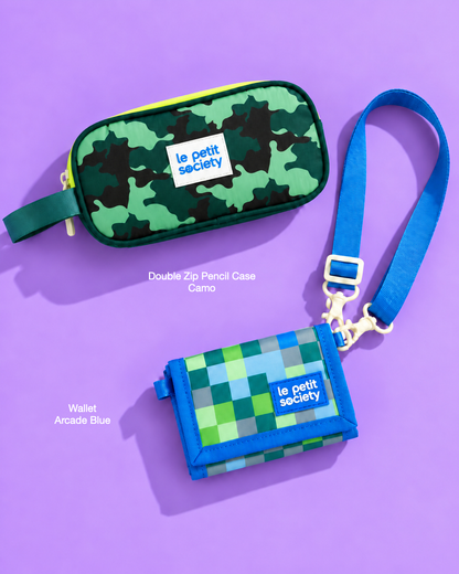 Petit Pair bundle: Double Zip Pencil Case in Camo and Wallet in Arcade Blue