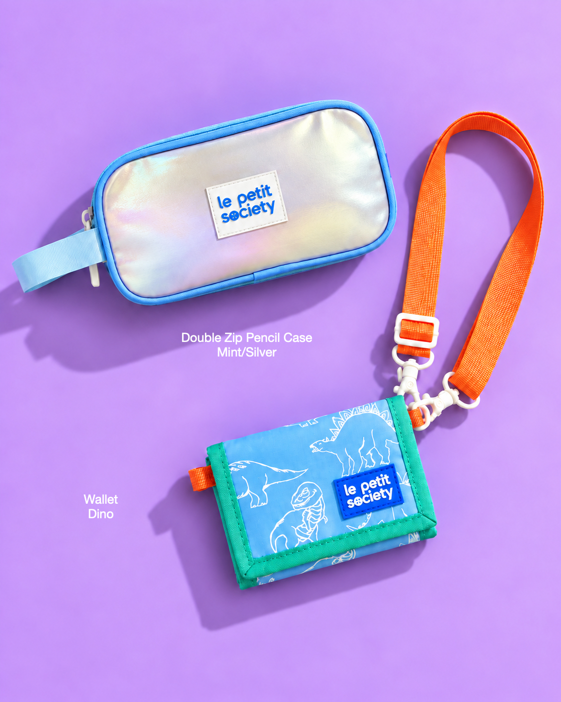 Petit Pair bundle: Double Zip Pencil Case in Mint/Silver and Wallet in Dino