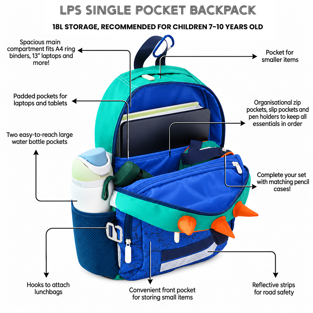School Duo - Dino Single Pocket Backpack & Munch Mini (7-10Y)