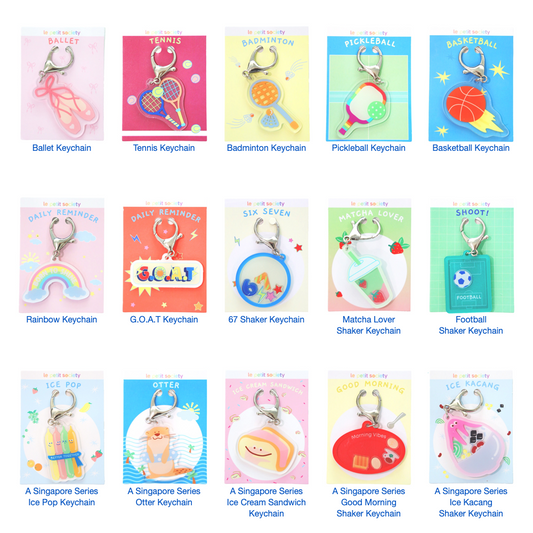 Le Petit Society keychain guide featuring 15 keychains with blue name labels