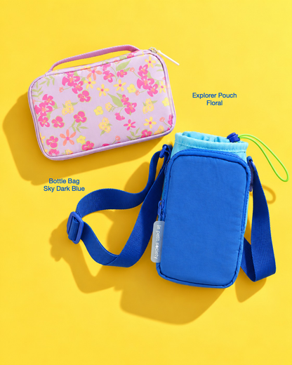 Petit Pair bundle: Explorer Pouch in Floral and Bottle Bag in Sky Dark Blue